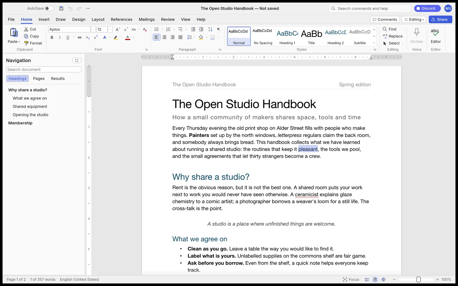 WordCraft with the Home ribbon open over a two-page document